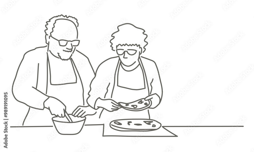 Two elderly people are making pizza together. One of them is wearing an apron. The man is cutting the pizza while the woman is holding a slice. Hand drawn vector illustration. Black and white. Two elderly people are making pizza together. One of them is wearing an apron. The man is cutting the pizza while the woman is holding a slice. Hand drawn vector illustration. Black and white.