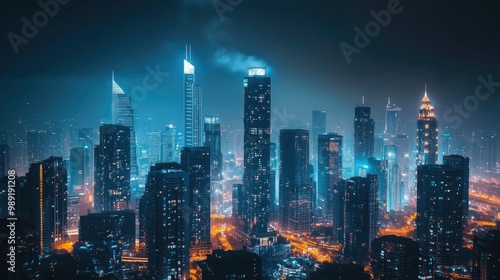 Wallpaper Mural a city skyline at night, with towering buildings illuminated against the dark sky, creating a glowing urban landscape Torontodigital.ca