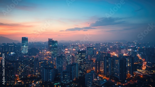 Wallpaper Mural a cityscape at twilight, with modern buildings lit up against a darkening sky, creating a peaceful urban scene Torontodigital.ca