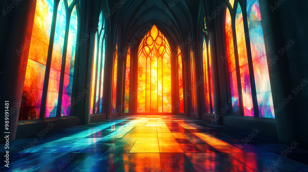 Colorful abstract stained glass window bringing light into a spiritual space. Gothic Revival. Illustration Colorful abstract stained glass window bringing light into a spiritual space. Gothic Revival. Illustration