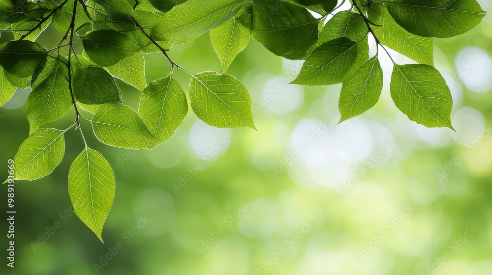 A leafy tree branch with green leaves and a bright blue sky in the background. The leaves are large and full, and the sky is clear and bright. Concept of peace and tranquility A leafy tree branch with green leaves and a bright blue sky in the background. The leaves are large and full, and the sky is clear and bright. Concept of peace and tranquility