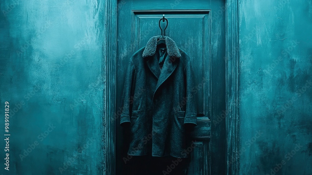 A wool overcoat with a fur collar, hanging on a door hook, soft interior lighting A wool overcoat with a fur collar, hanging on a door hook, soft interior lighting