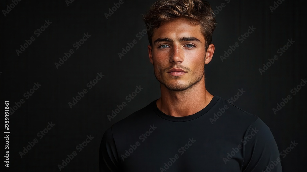 muscular model in fitted black tshirt against neutral background dynamic pose highlighting physique studio lighting emphasizing form and texture muscular model in fitted black tshirt against neutral background dynamic pose highlighting physique studio lighting emphasizing form and texture