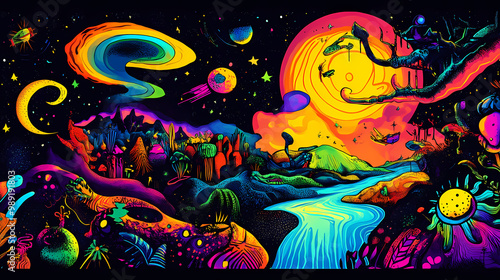 Colorful cosmos with pop art and graffiti elements, featuring surreal landscapes and fantastical creatures. Graffiti Pop. Illustration