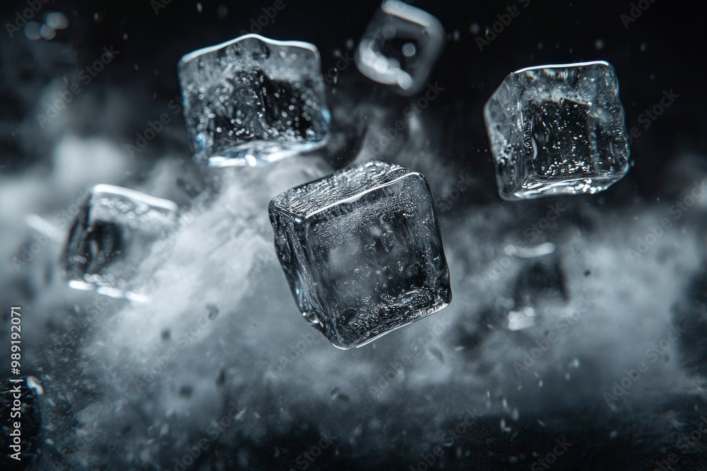 Ice Cubes Falling Through Smoke on a Black Background Ice Cubes Falling Through Smoke on a Black Background