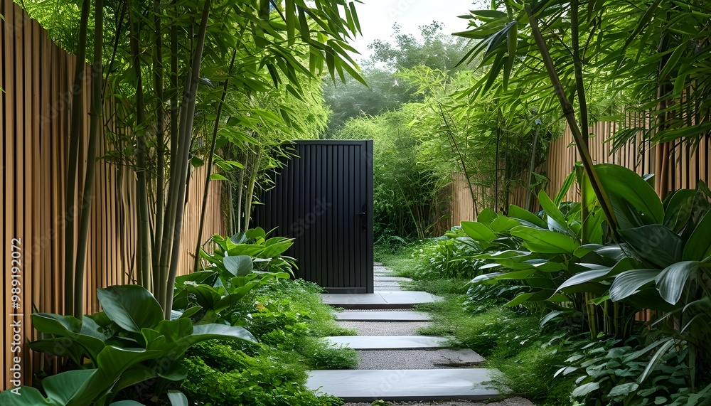 Contemporary garden oasis featuring bamboo fencing, wooden slats, and a ...