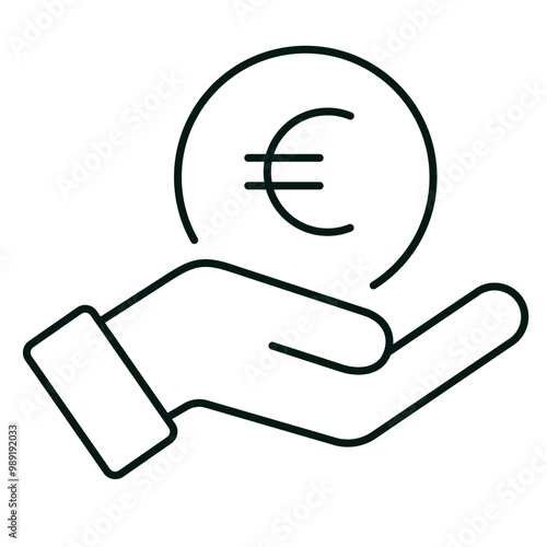 Hand holding a Euro coin line icon. Save money, salary, finance, cash concept. Logo symbol for web and mobile isolated on white background. Editable vector stroke. Pixel Perfect.