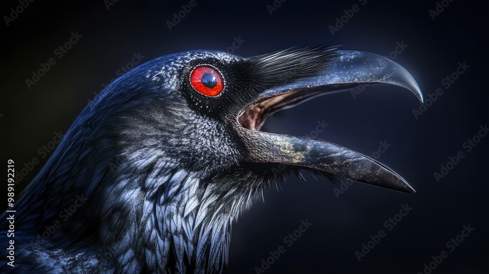 Fototapeta premium Black raven's beak open, cawing, glowing red eyes in the dim moonlight