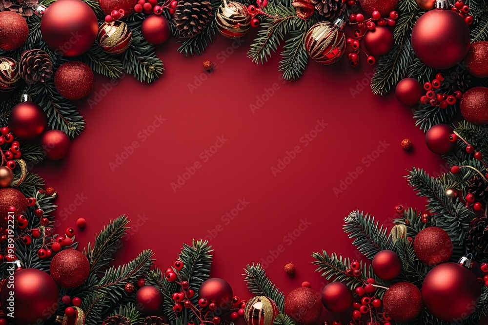 Elegant Holiday Decorations with Red Ornaments and Pinecones on a Red Background Elegant Holiday Decorations with Red Ornaments and Pinecones on a Red Background
