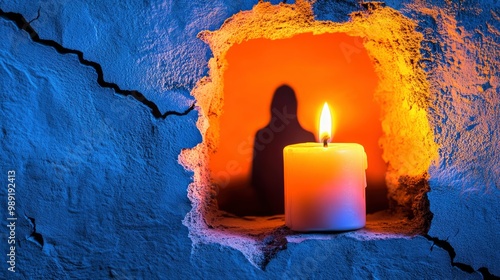 Close-up of a cracked mirror reflecting a shadowy figure, candlelight flickering photo