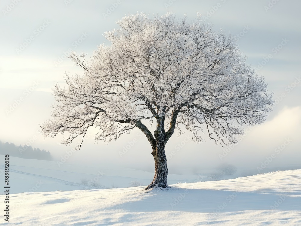 bare tree standing in a snowy landscape during winter, with frost on the branches and a grey sky