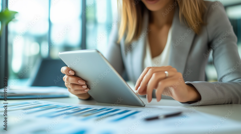 Businesswoman using digital tablet in office. Businesswoman using digital tablet in office.