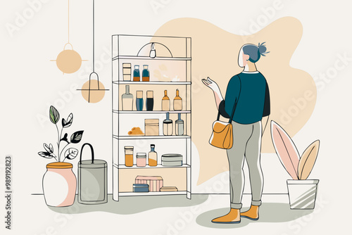 Modern Consumer Evaluating Products on a Stylish Shop Shelf
