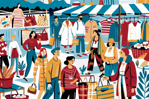 Vibrant Street Market Scene with Diverse Shoppers and Colorful Stalls