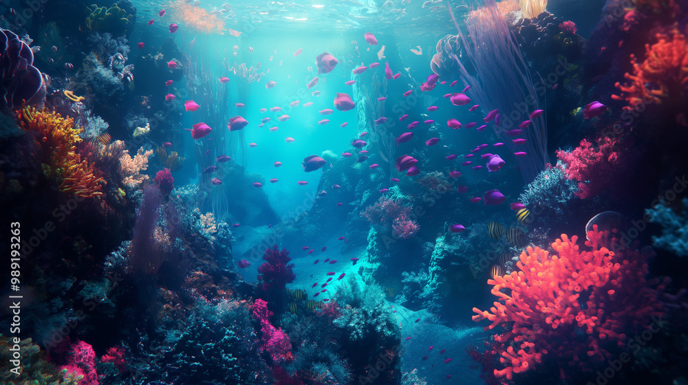 beautiful and mysterious underwater world with bright tropical fish and corals at the bottom. the sun breaks through the thickness of the water beautiful and mysterious underwater world with bright tropical fish and corals at the bottom. the sun breaks through the thickness of the water