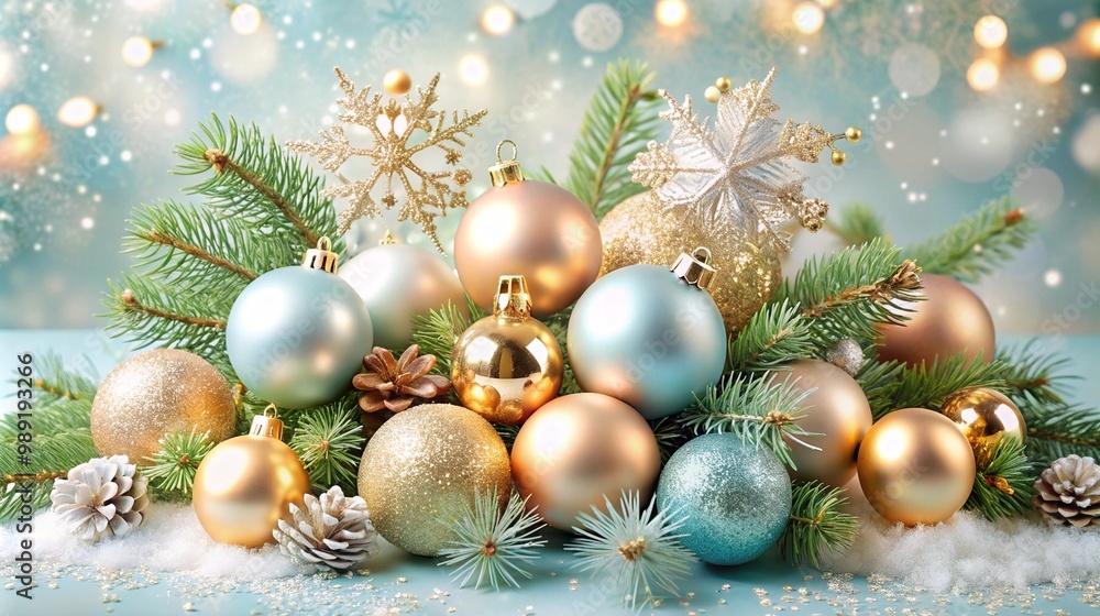A collection of gold and silver christmas ornaments arranged with pine cones and pine branches on a snowy surface set before a blurred festive background A collection of gold and silver christmas ornaments arranged with pine cones and pine branches on a snowy surface set before a blurred festive background