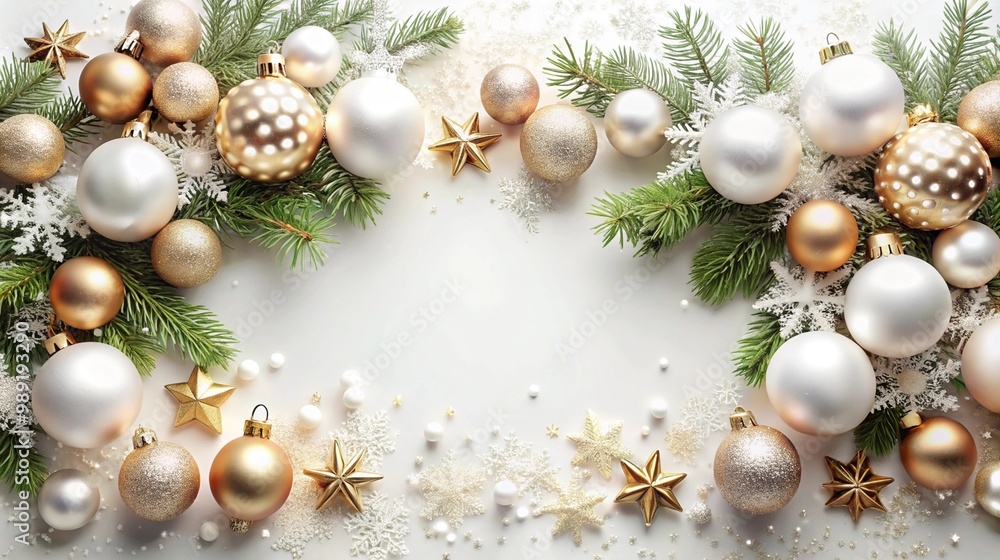Christmas decorations featuring gold and white baubles and pine branches on a white snow covered surface creating a festive holiday theme with golden accents and winter elements Christmas decorations featuring gold and white baubles and pine branches on a white snow covered surface creating a festive holiday theme with golden accents and winter elements