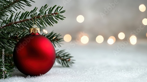 A red ornament is sitting on a snowy ground next to a pine tree. The scene is festive and cozy, with the red ornament adding a pop of color to the winter landscape photo