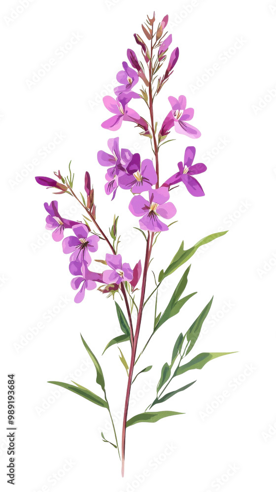 Beautiful purple flower stem with green leaves, white isolate background. transparent background Beautiful purple flower stem with green leaves, white isolate background. transparent background