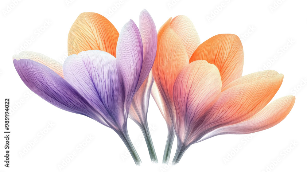 Beautifully colored crocus flowers on a white isolated background. transparent background