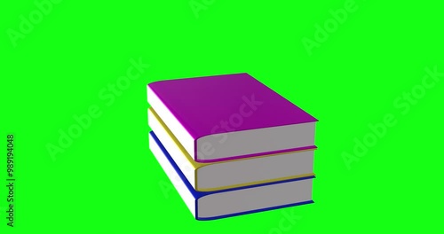 3d bundle of books Animation on green screen background,  Four books falling and Rotating animation