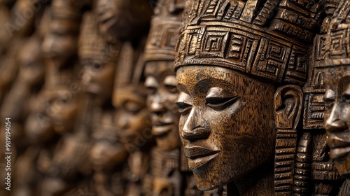 A group of wooden statues of people with their faces showing. The statues are all different sizes and shapes, but they all have the same basic design. Scene is one of mystery and intrigue