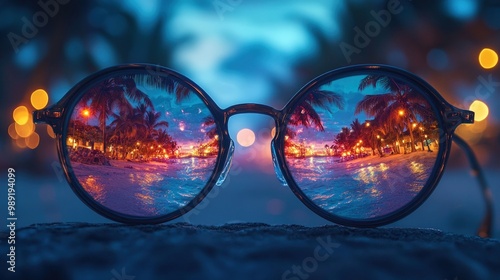 Wallpaper Mural A pair of round sunglasses with a tropical beach reflected in the lenses. The beach is at dusk with palm trees, lights, and the setting sun. Torontodigital.ca