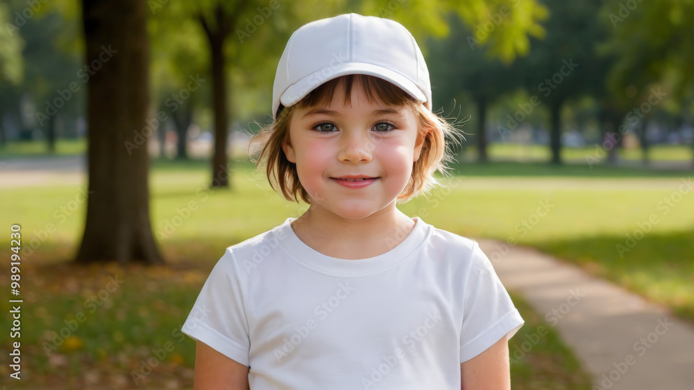 Little girl with short hair wearing white t-shirt and white baseball cap standing in the park Little girl with short hair wearing white t-shirt and white baseball cap standing in the park