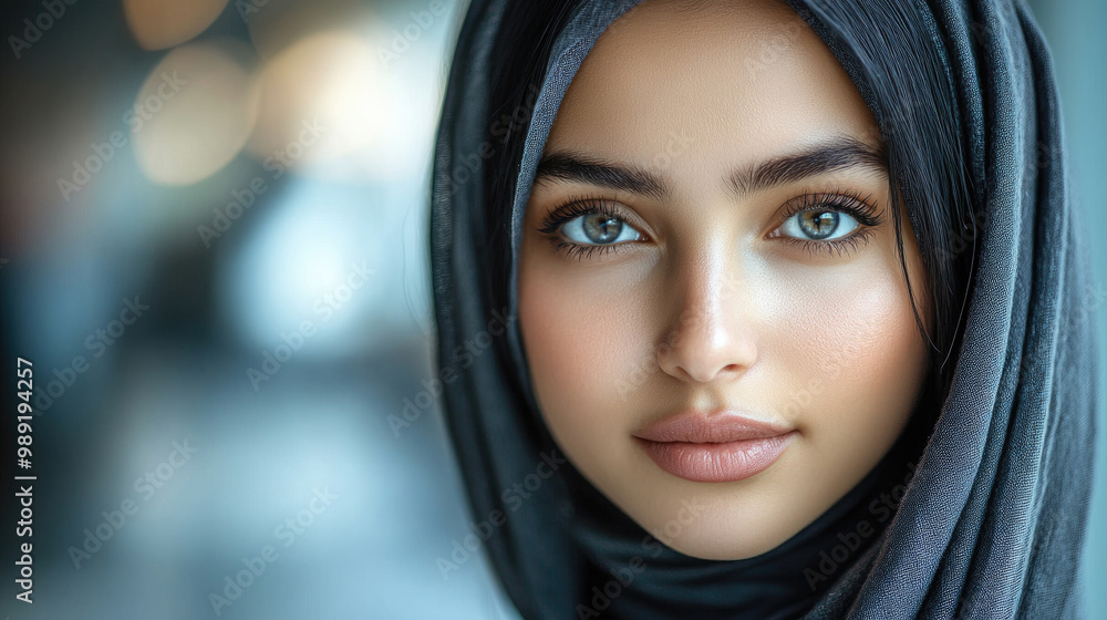 A young woman with captivating blue eyes and a stylish hijab stands in a contemporary space, her serene expression drawing attention in soft light A young woman with captivating blue eyes and a stylish hijab stands in a contemporary space, her serene expression drawing attention in soft light
