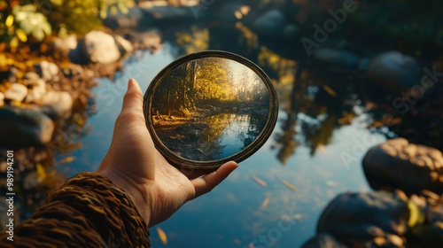 Hand reaching out from an old mirror, reflection blurred and distorted photo