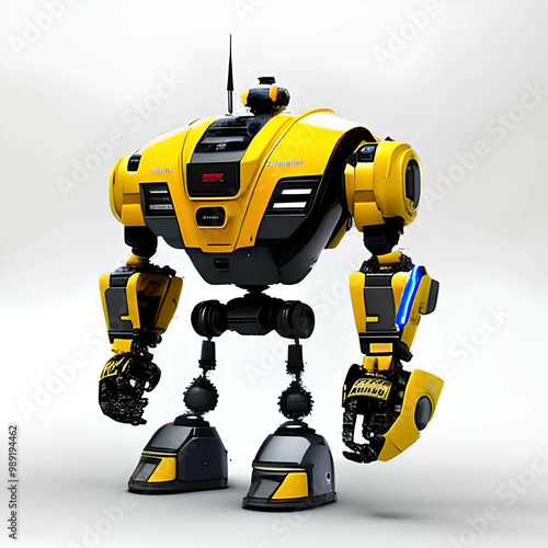 A yellow robot with a black head and a black body