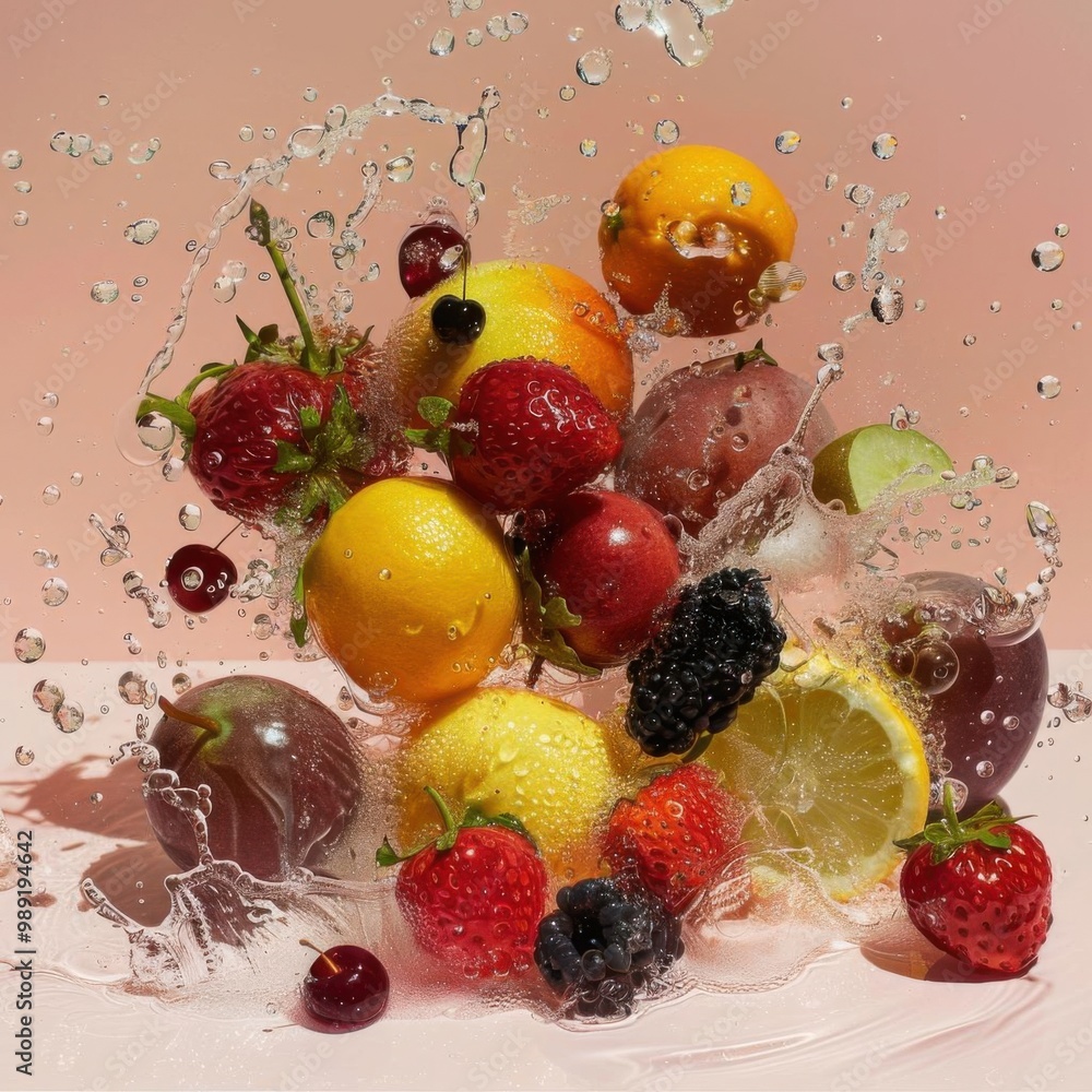 Vibrant splash of assorted fruits with water droplets, showcasing freshness and vitality against a pastel background. Vibrant splash of assorted fruits with water droplets, showcasing freshness and vitality against a pastel background.