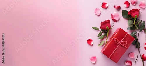 Valentine's Day Gift Box with Roses on Pink Background