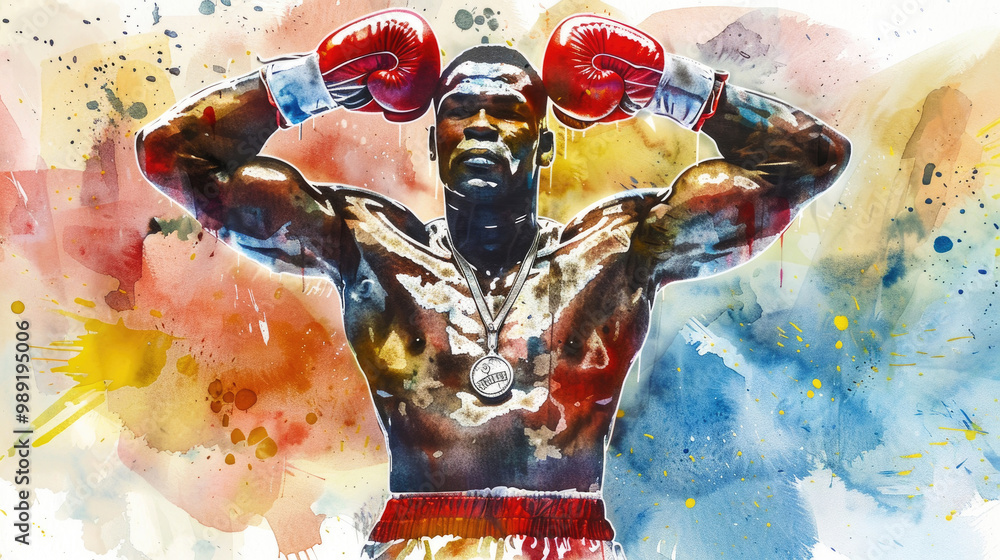 Fototapeta premium A powerful figure of a boxer celebrates victory with arms raised, illustrated in vivid colors, embodying resilience and athletic spirit in the ring