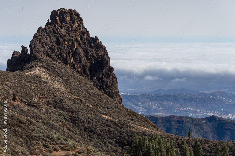 Obraz premium Typical mountain landscape in the center of the island, the rock in the background - Roque del Pino. Gran Canaria. Canary Islands. Spain.