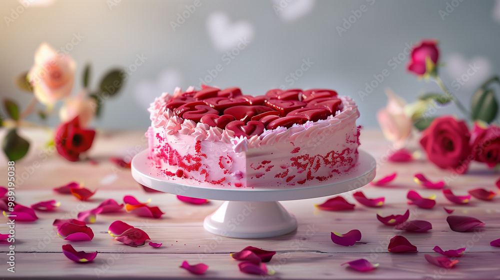 Heart-shaped Valentine's Day cake decorated with roses and petals on a festive table Heart-shaped Valentine's Day cake decorated with roses and petals on a festive table