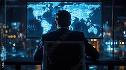 businessman conducting a virtual meeting with international clients, sitting in a modern office with a large screen in front