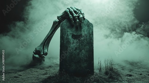 Skeleton hand gripping a tombstone, fog creeping in the background, dim moonlight