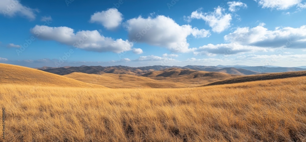 Fototapeta premium Expansive view of rolling hills with golden grass under a clear blue sky with white fluffy clouds.