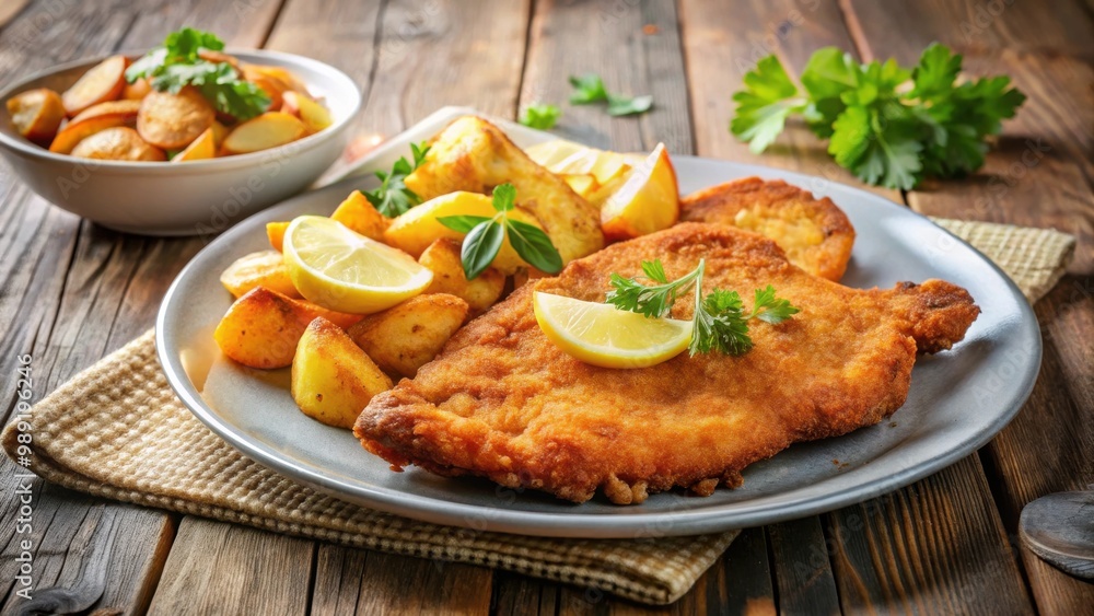 Crispy schnitzel served with golden fried potatoes Crispy schnitzel served with golden fried potatoes