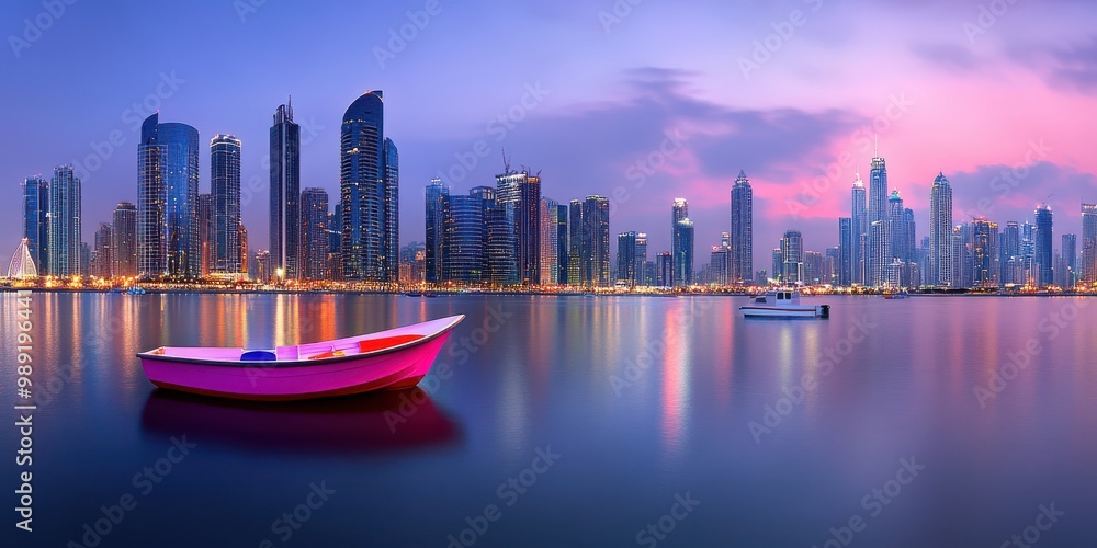 Fototapeta premium Pink Boat in Dubai Marina with Skyscrapers at Sunset