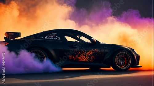 High-performance sports car drifting with colorful smoke at sunset. Dynamic side view of sleek vehicle in motion against vibrant sky. Intense automotive action and street racing