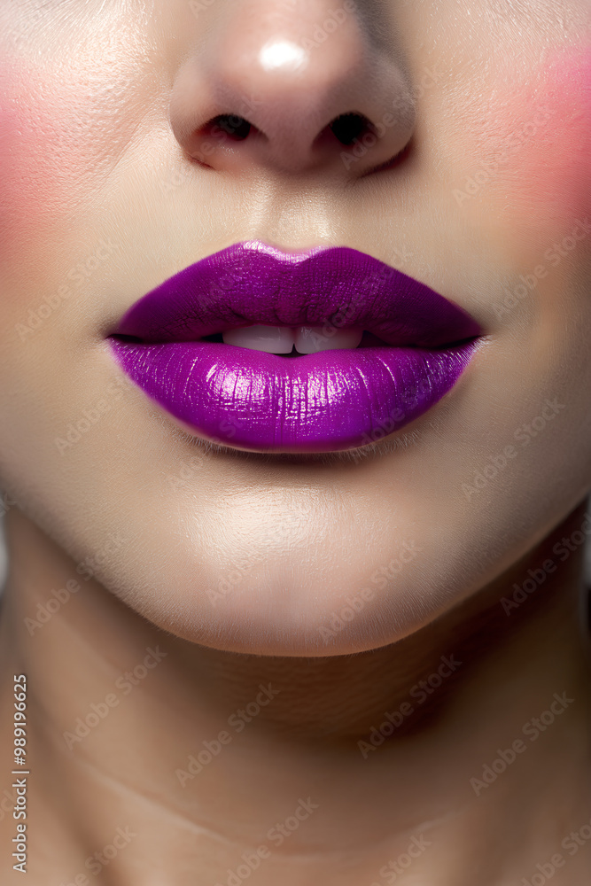 Fototapeta premium A close-up of lips with a slight smile and purple lipstick