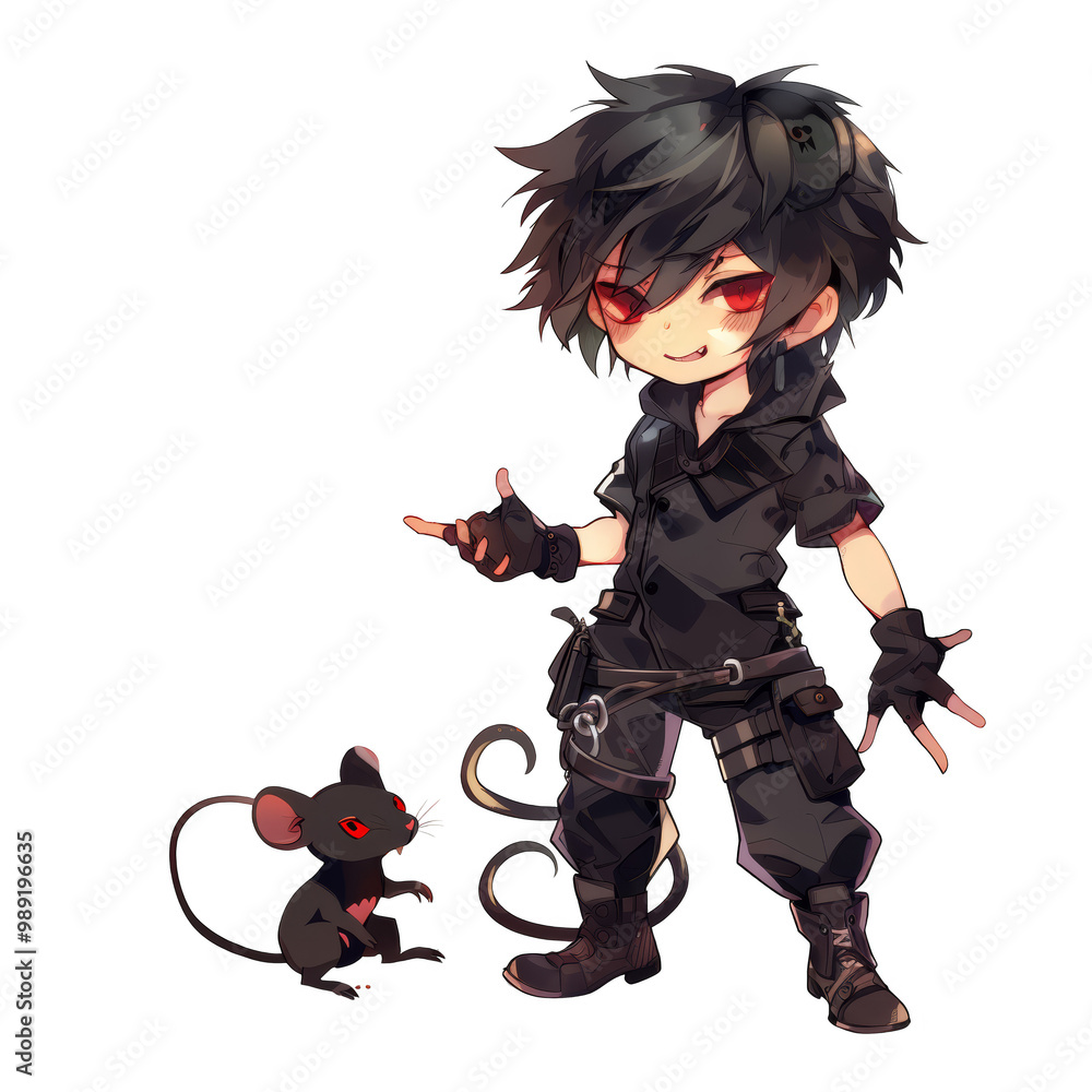 Obraz premium A young man with spiky black hair wearing a black and grey outfit stands with a black mouse with red eyes beside him.