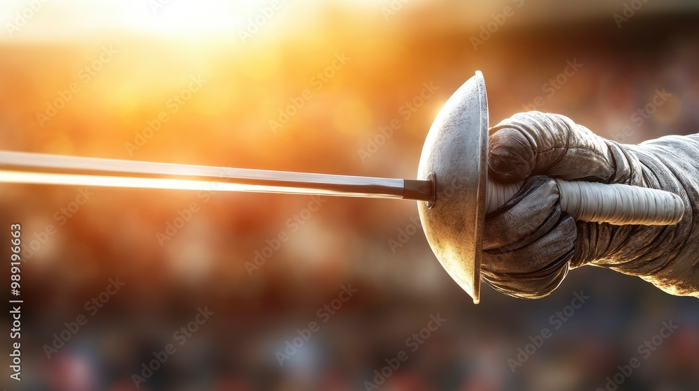 Woman’s fingers holding a fencing sword, hand tense, soft spotlight on the arena Woman’s fingers holding a fencing sword, hand tense, soft spotlight on the arena
