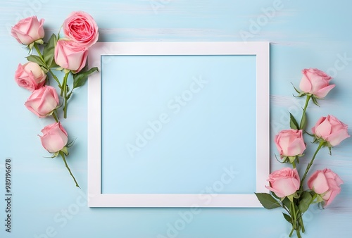 White Frame with Pink Roses on Blue Background