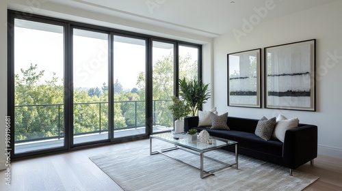 A living room with a black couch and a glass coffee table. The room has a modern and minimalist design