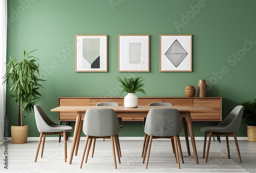 Scandinavian Dining Room with Green Walls and Wooden Table