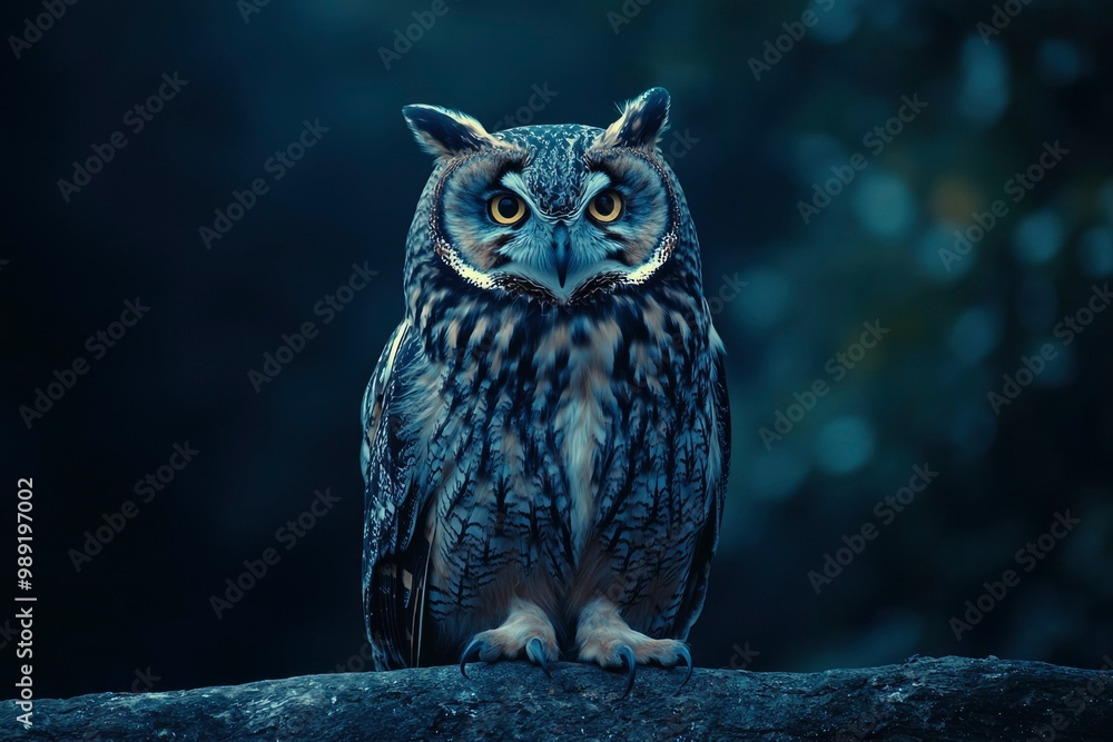 A majestic long-eared owl perched on a branch with a blurred background. A majestic long-eared owl perched on a branch with a blurred background.