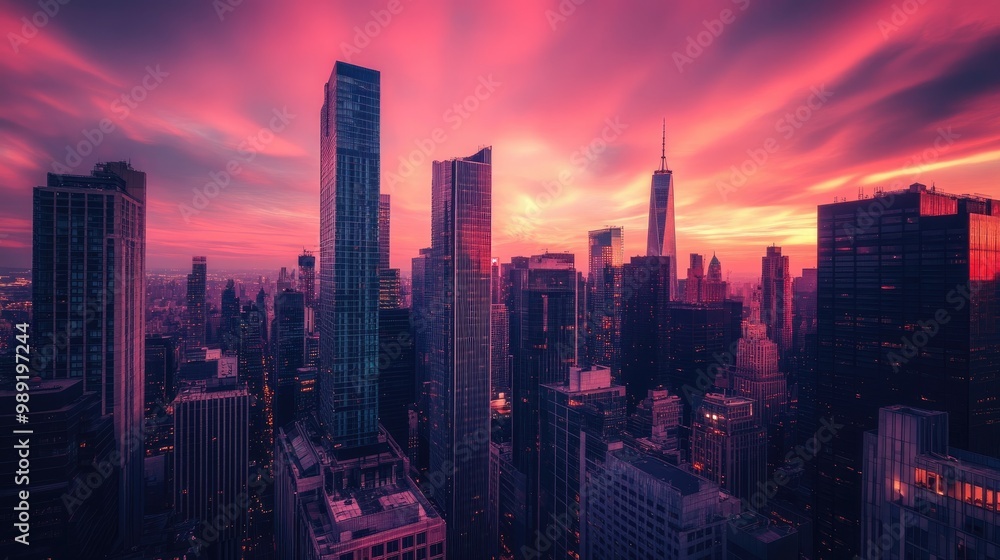 Fototapeta premium cityscape featuring towering skyscrapers, with no people in sight, under a vibrant sunset sky
